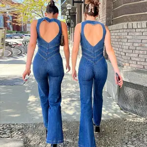 European and American women's clothing 2025 summer new slim fit fashion sleeveless backless high waist flared denim jumpsuit
