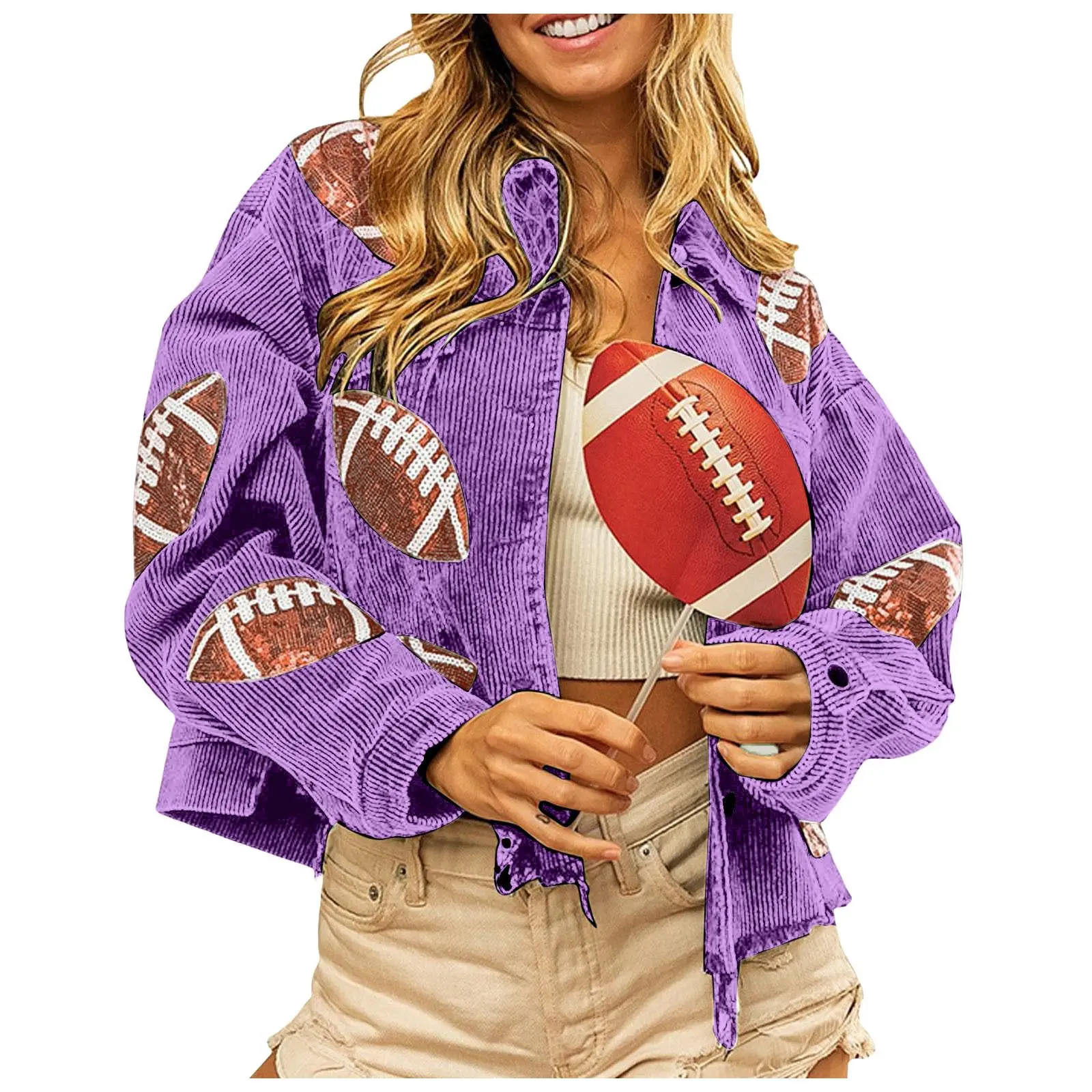 Womens Fall Winter Corduroy Football Sequin Jacket Turn Down Neck Irregular Hem Baseball Casual Jacket Chic Sports Cropped Tops