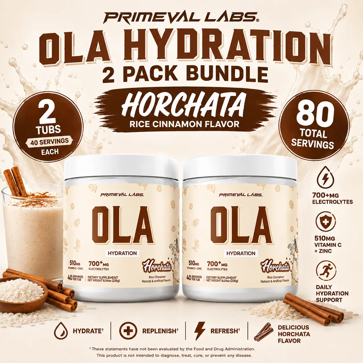 Primeval Labs OLA Hydration Horchata – 2 Pack Bundle | 80 Servings | Mango Chamoy Electrolyte Powder with Vitamin C + Zinc