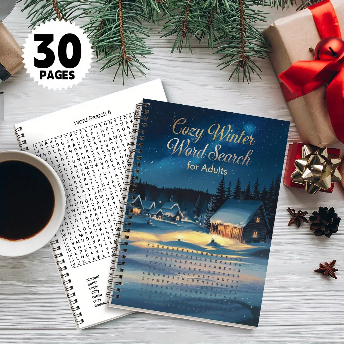 1pc Winter themed Composition Notebook Word Search Book Suitable for Adults and Seniors Relieve Stress and Improve Concentration, Ideal Gift for Father’s Day, Mother’s Day and Valentine’s Day Spiral Coil Notebook