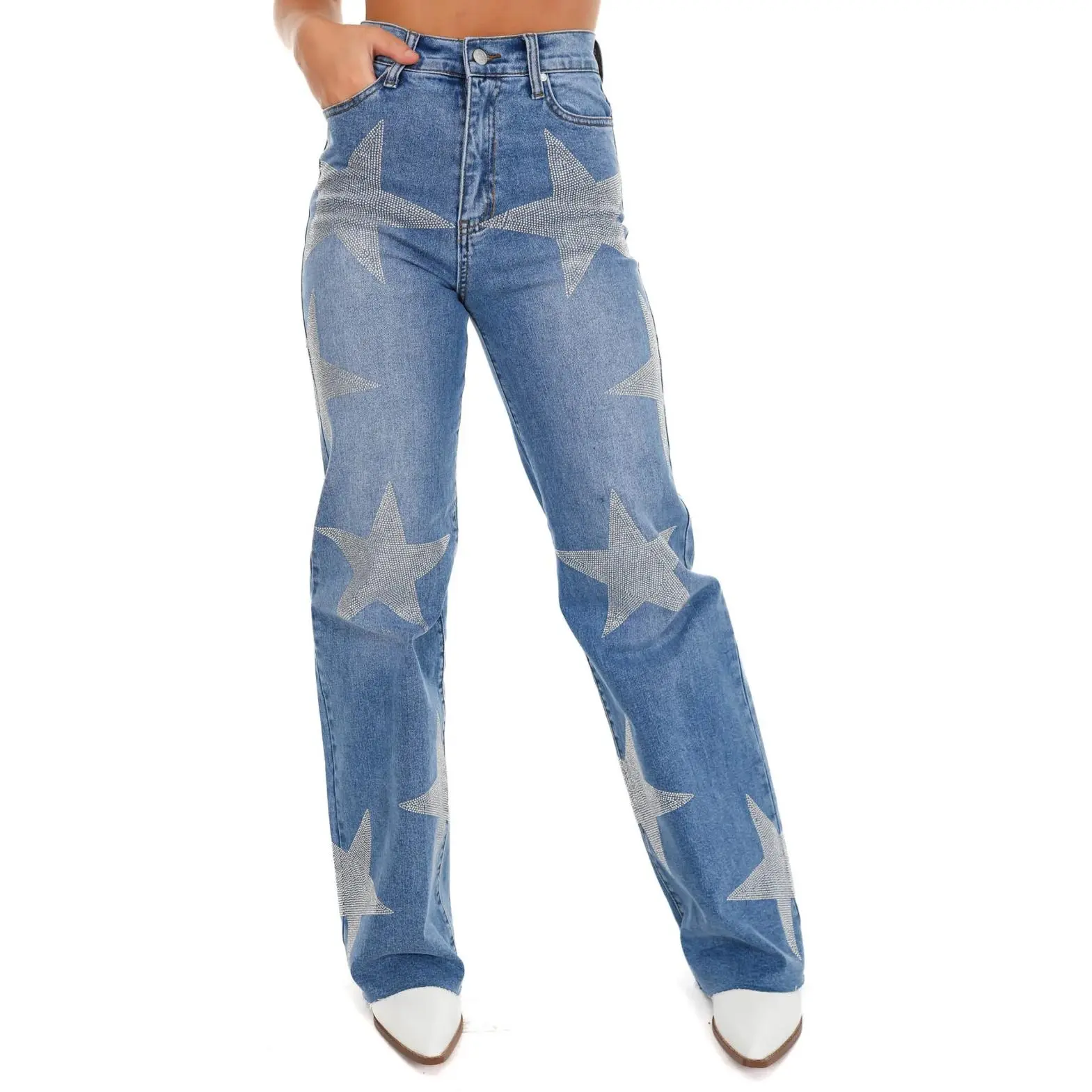 Wide Leg Rhinestone Star Studded Jeans