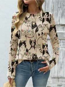 Women's Cartoon Cat Print Stand Collar Fitted Knitted Sweater, Fall Winter Casual Long Sleeve Knitwear, Comfortable Warm Daily Wear