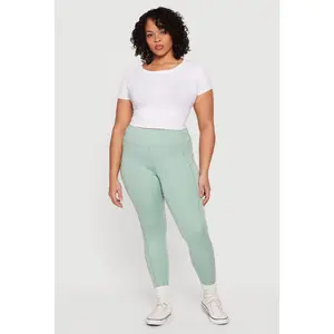 Plus Size Solid High Waisted Leggings with Cell Phone Pockets