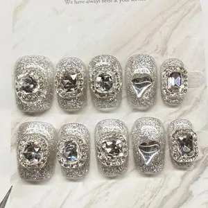 Obsessed With This Luxury Vibe! Custom Bling Silver Glitter Press On Fake Nails, Exquisite Hand-Painted Metal Border Big Diamond & Heart Diamond Design, TikTok Viral Blogger Favorite