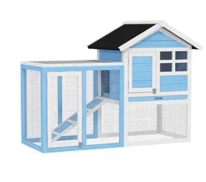 PawHut 48inch Wooden Rabbit Hutch Bunny Cage with Waterproof Asphalt Roof Fun Outdoor Run Removable Tray and Ramp Light Blue