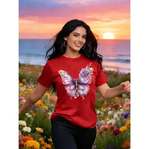 100% Cotton Elegant Butterfly Pattern Print Short Sleeve Round Neck Casual Women's T-Shirt, Gift, Birthday Gift, Fashionable and Elegant, Travel Vacation, Party, Elegant, Beautiful, Sweet, Romantic Women's Gift