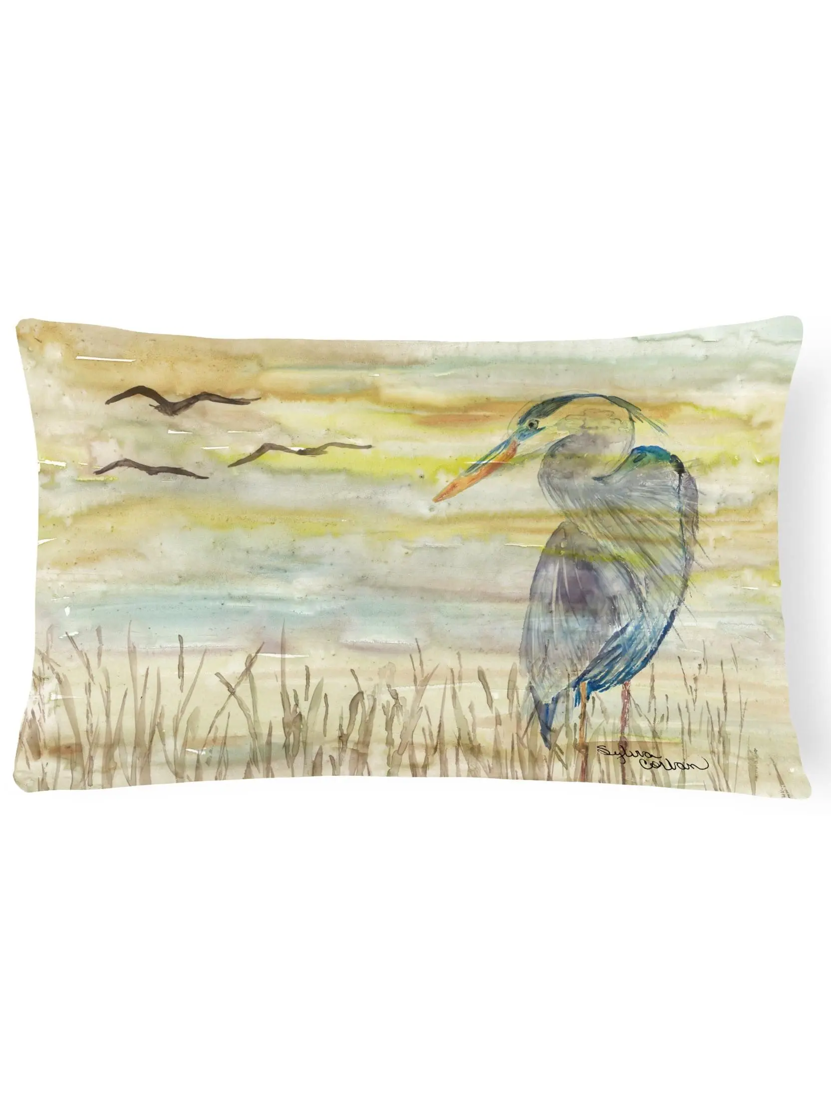 Carolines Treasures SC2020PW1216 Handmade Durable Blue Heron Yellow Sky Canvas Fabric Decorative Pillow - Moisture Resistant for Indoors, No