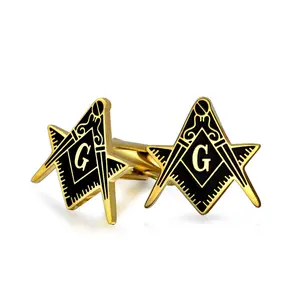 Freemasons Compass Shield Masonic Cuff Links For Men Blue Black Two Tone Silver Gold Stainless Steel