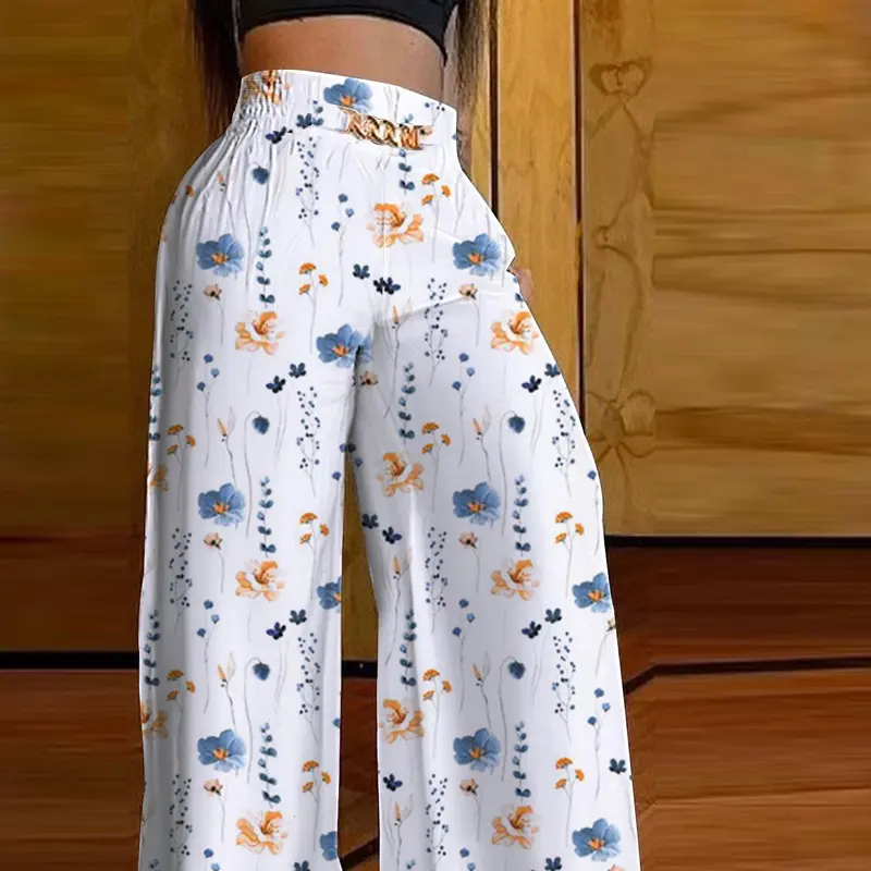 Women's Floral Print Chain Decor Wide Leg Pants, Boho Casual High Waist Trousers for Daily Holiday Vacation Wear, Ladies Bottoms for All Seasons, Loose Palazzo Pants