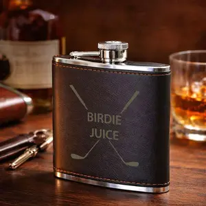 Golf Clubs & Birdie Juice Design Leather Flask, Stainless Steel & Leather Portable Liquor Flask, Compact Reusable Drinking Flask, Suitable for Whiskey, Bourbon, Liquor, Travel-Friendly Pocket Flask, Perfect Gift for Golf Enthusiasts/Men
