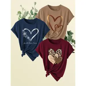 3-Pack Women'S Heart Print Short Sleeve T-Shirts, Casual Crew Neck Polyester Tops, Spring/Summer Knit Fabric Pullovers, Womenswear Collar Tshirt Crewneck Batwing Camel + Navy + Burgundy Streetwear Fitted Shortsleeve