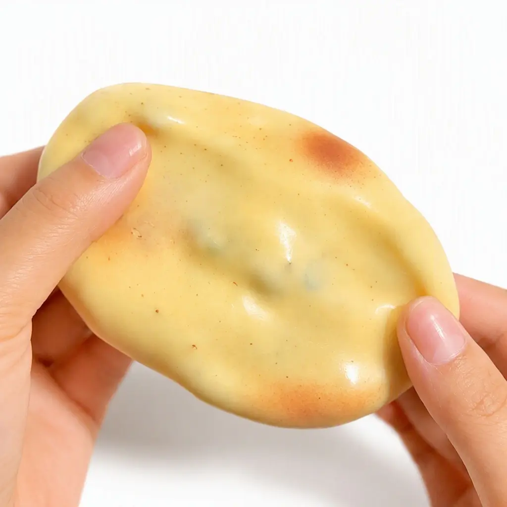 Handmade potato-chunk-shaped balls filled with sequinsand petals; and afun play experience. they offer a satisfyingly crisp tactile feel