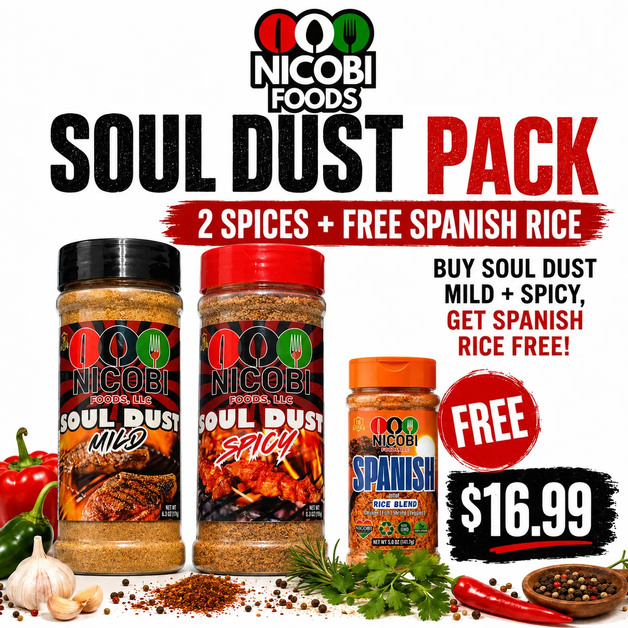 Nicobi Foods Soul Dust Pack — Mild & Spicy with Spanish Rice