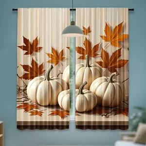 2pcs Autumn Pumpkin & Maple Leaf Curtains - Washable Polyester, Semi-Transparent, Rod Pocket Design for Living Room, Kitchen, or Dining Room Decor, Perfect for Thanksgiving and Fall Home Aesthetic, Thanksgiving Decorations