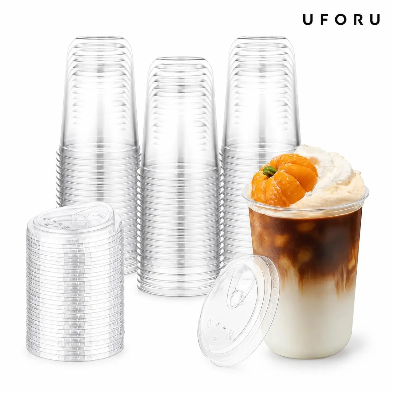 UFORU 50 Pack 500ml / 16.9oz Disposable Iced Coffee Cups with Strawless Sip Lids, Pink & Clear Plastic To Go Cups for Cold Drinks, Iced Coffee, Smoothies, Juice, Parties, Weddings and Catering