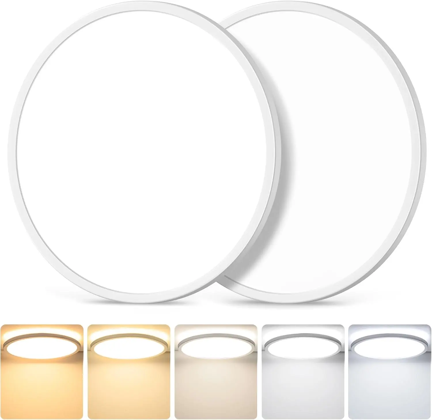 2-Pack Ultra Thin Flush Mount Ceiling Lights, 12-in White Round Dimmable LED Fixtures, 24W 3200LM, 5-in-1 Color Adjustable (2700K/3000K/4000K/5000K/6500K), Modern Home Decor LED Lighting Solutions for Bedrooms, Hallways