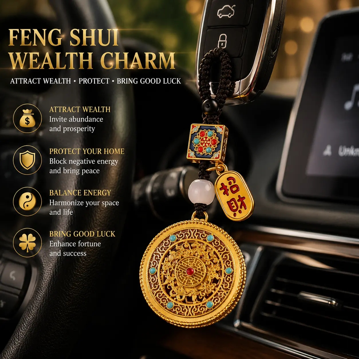 Tibetan Tantric 'Chan' Pendant - Ancient-Look Chinese Fengshui Ornament with Gold 5-Blessings Coins, Safety Ensured Housewarming Gift, Car Hanging Keychain Home Decor for Men