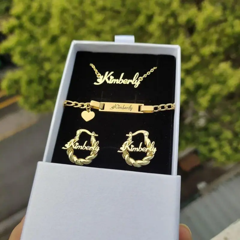 3pcs Custom Name Jewelry Set - Personalized Earrings, Bracelet, Necklace Customized Nameplate Ideal Gift for Halloween, Christmas, Birthday Parties, Thanksgiving