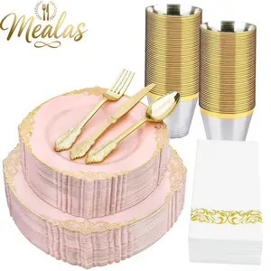 Elegant & Gold Plastic Tableware Set, Includes Plates, Dessert Plates, Cutlery, Napkins, Cups for Weddings, Parties, Birthdays