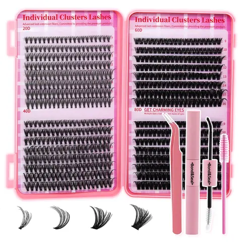 640PCS 20D40D60D80D Individual False Cluster Book Kit High Capacity Individual Lashes 9-16mm Mixed D Curl Natural Look Wispy Soft And Comfortable False Eyelashes Long-Lasting Individual Lashes Kit With Lash Bond&Seal And Tweezers And Lash Brush