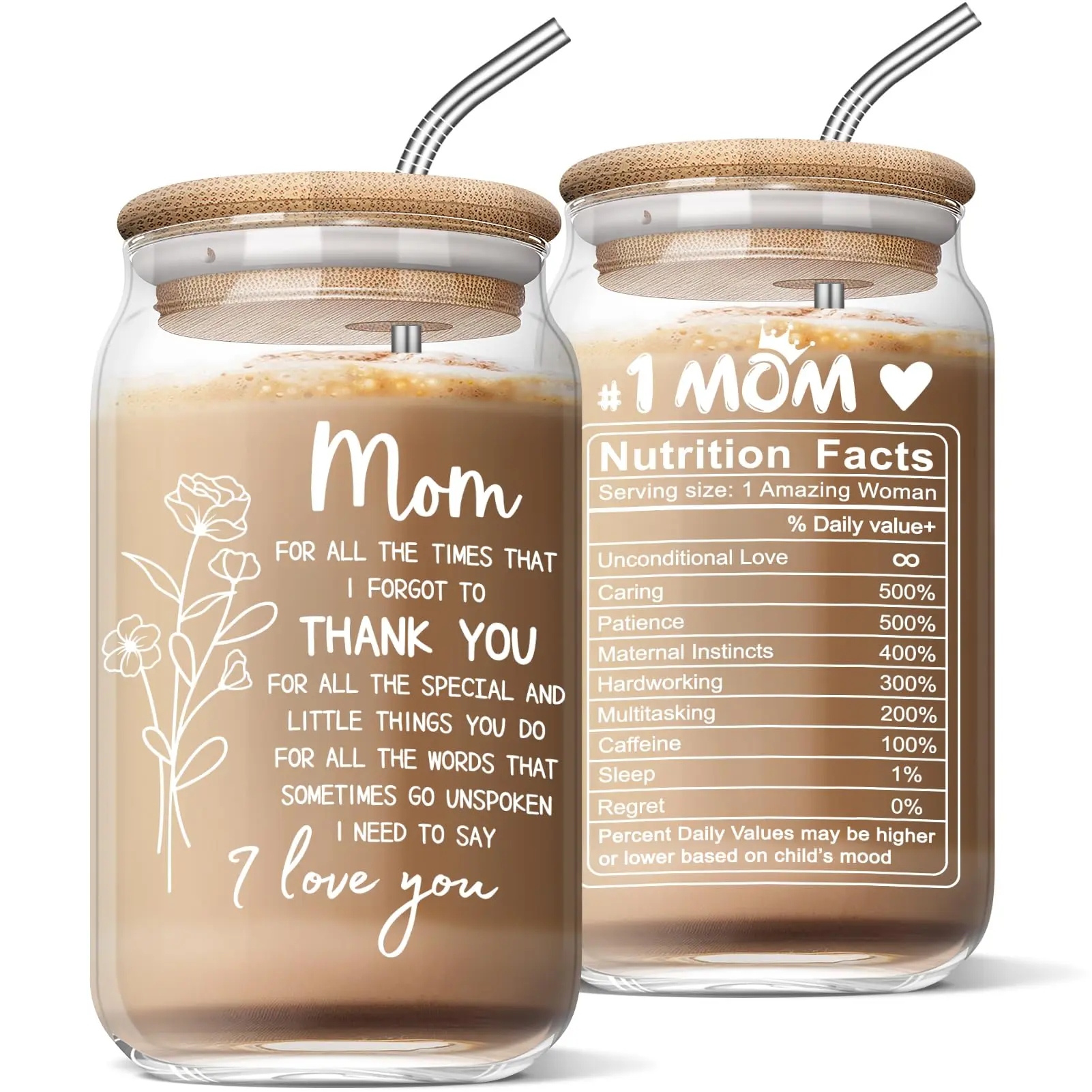 16oz (0-500 ml) Durable Reusable Round Cold Brew Glass Cup Tumbler - Natural Bamboo Lid, Reusable Straw, Portable Kitchenware Drinkware, tm-momthank Gifts for Women, Glassware Set