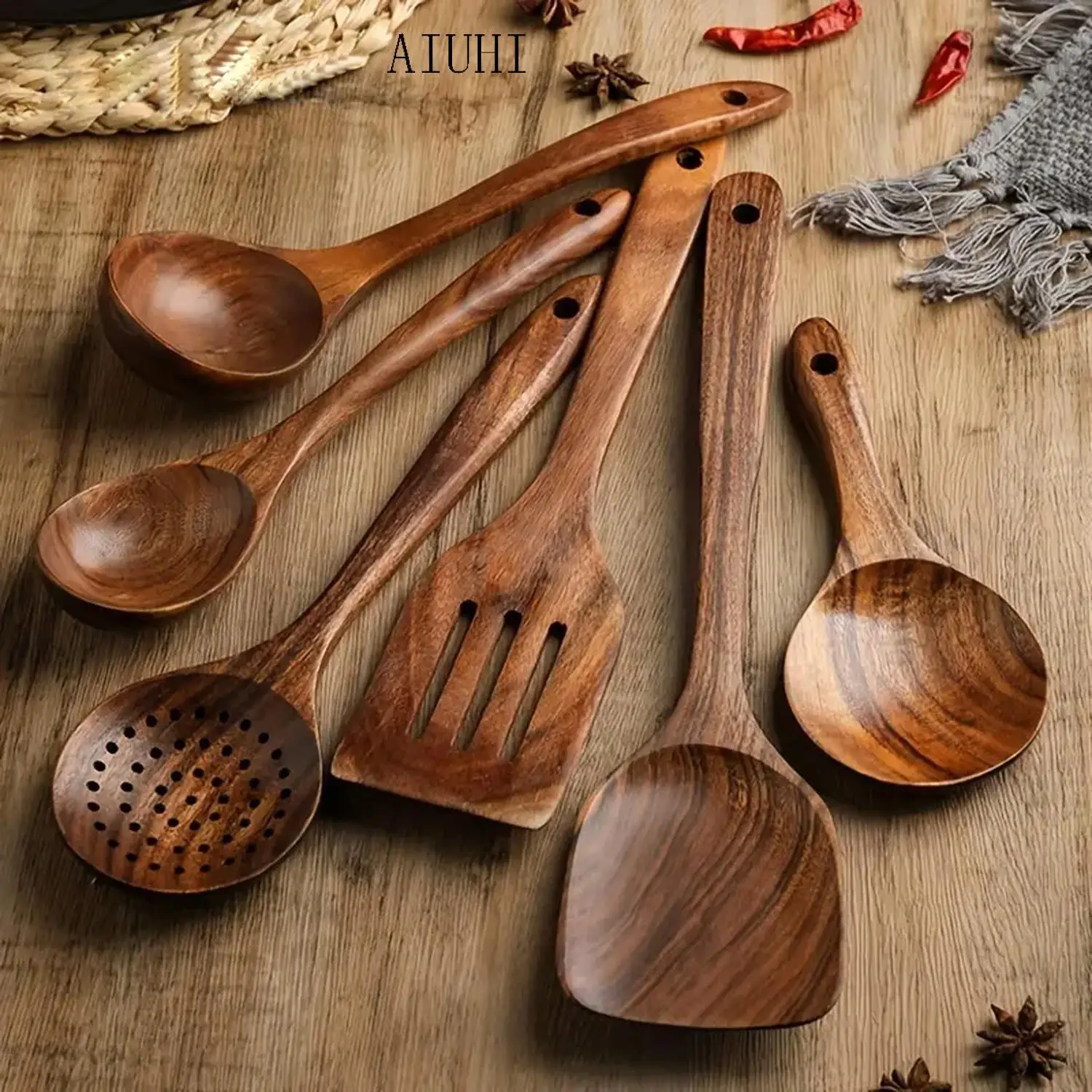 Wooden Cooking Utensils Set (6 Counts), Including Spoon*3 & Slotted Spoon*1 & Spatula*1 & Slotted Spatula*1, Summer for Gift, Kitchenware