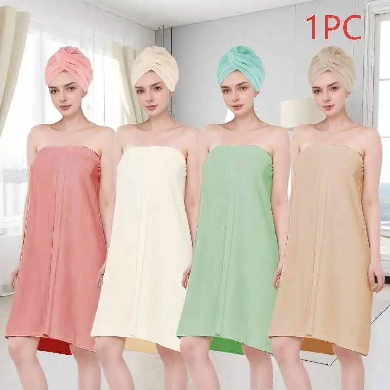 Wearable Bath Towel, 2 Counts/set Hair Drying Cap, Hair Turban Towel, Hair Towel Wrap, Soft Shower Skirt for Women, Adjustable Bath Robe for Home and Travel