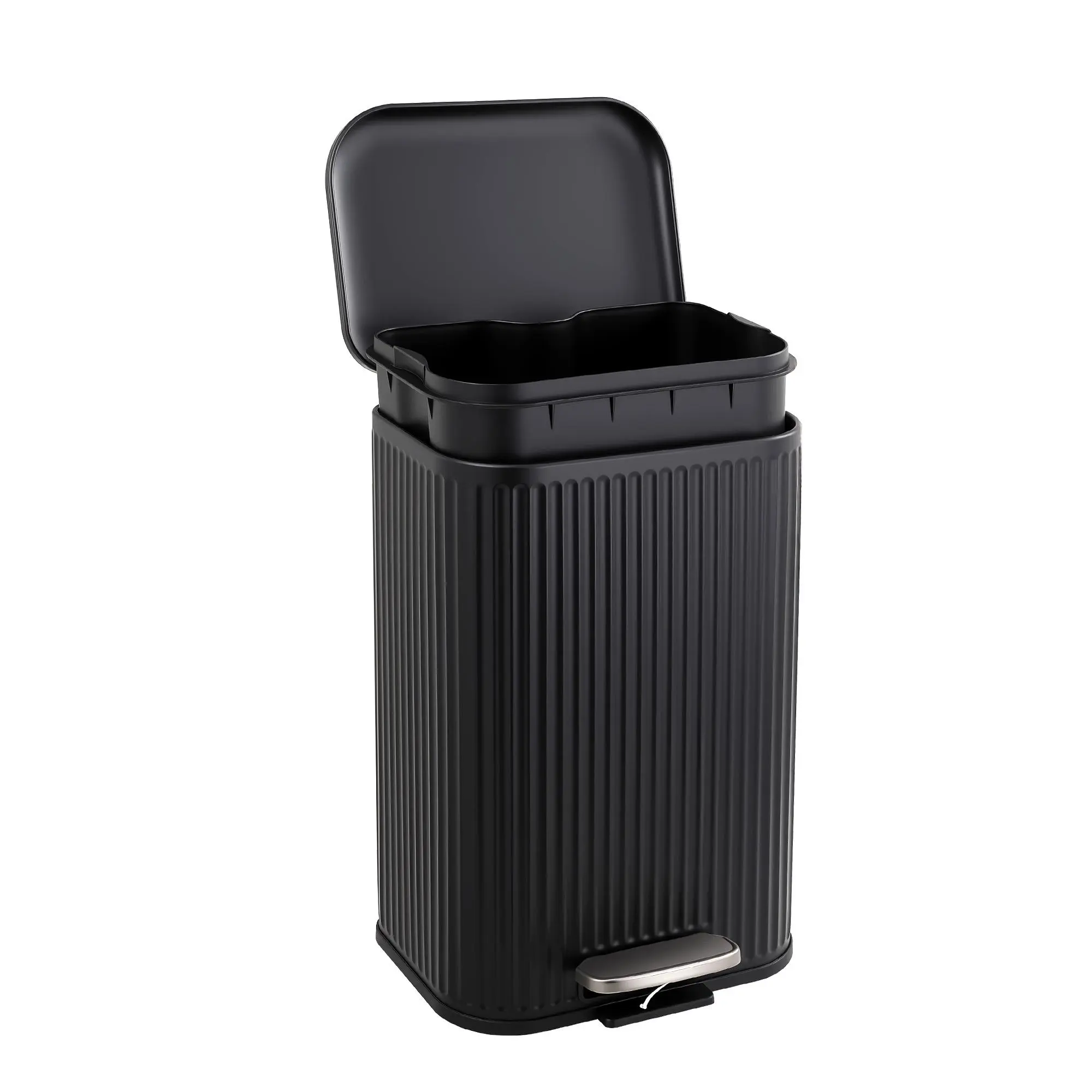 Soft-Close Step Trash Can – Stainless Steel Indoor Recycling Bin, Fluted Rectangular Design, Removable Inner Bucket, Modern Waste Container for Kitchen, Living Room, Office