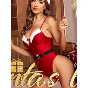 [Christmas] 1pc Women's Sexy Santa Claus Costume Bodysuit - Red & White One-Piece Swimsuit-Like Outfit with Belt, Full-Length Zipper & Bow Tie for Christmas Parties, Role-Play, Holiday Costumes (Hand Washable)