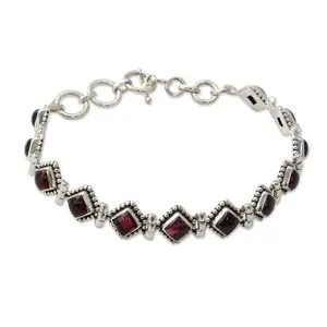 NOVICA Artisan Handmade Garnet Tennis Bracelet Red Artisan Crafted India Silver Sterling Style Birthstone [7.75 in min L x 8.5 in max L x 0.4 in W] ' Deep Red Diamonds'