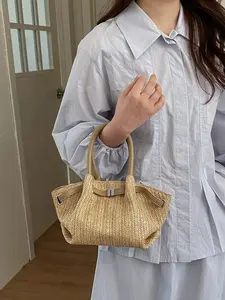 1pc Lazy retro vacation style woven handbag, Handbag Shoulder Purse, with leather wrapped handle, metal buckle edging, and detachable crossbody shoulder strap, suitable for women's beach vacation travel and daily dressing scenes