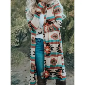 Sexy plus-size boho cardigan for women, southwestern print long-sleeve open-front cardigan