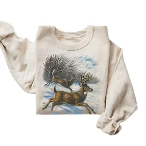 The Retro Deer Winter Snow Sweatshirt, 90s Vintage Mountain Pine Trees Decorated Cabins Outfit, Boho Unisex Crewneck Cozy Season Sweater