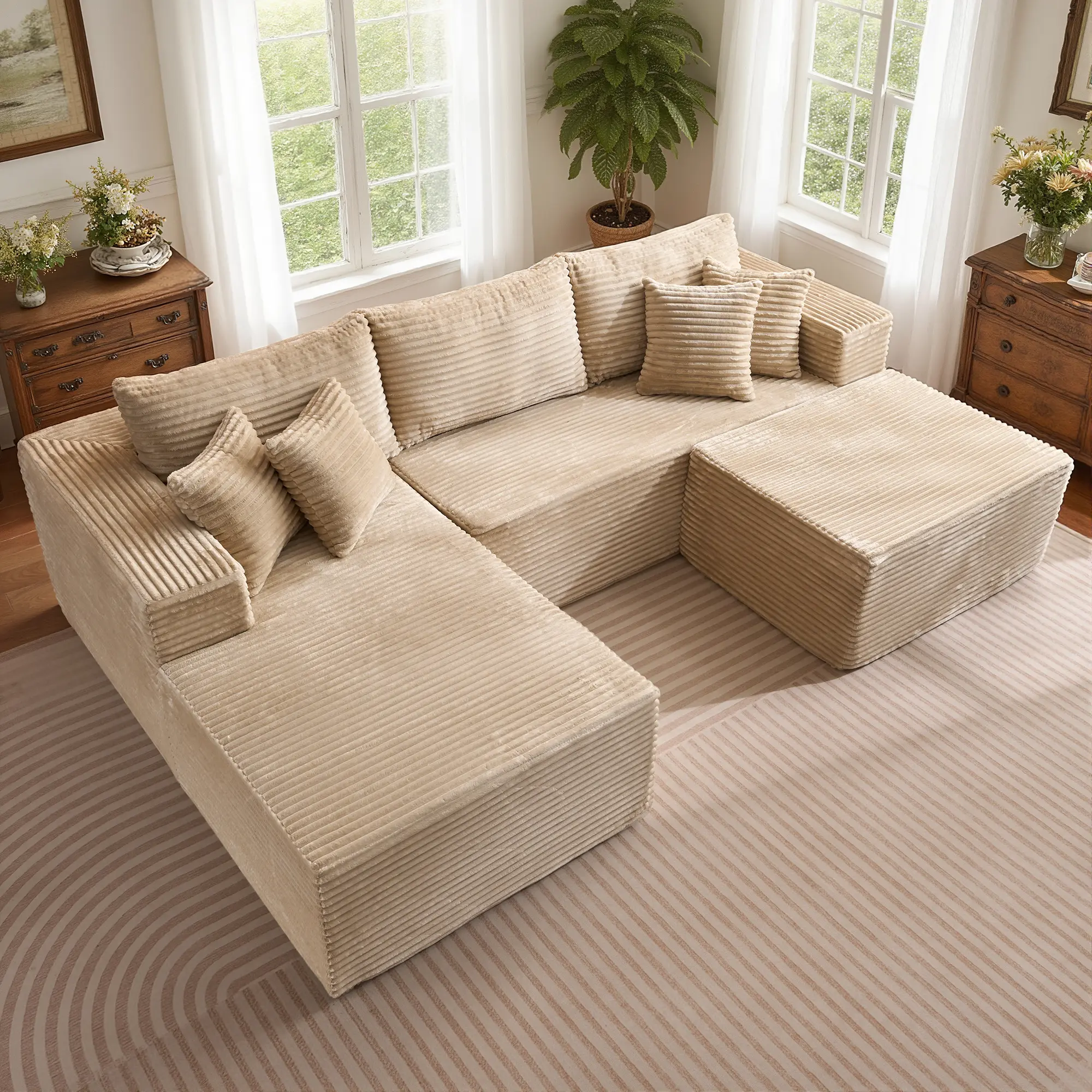 Beige Plush Corduroy Left Chaise