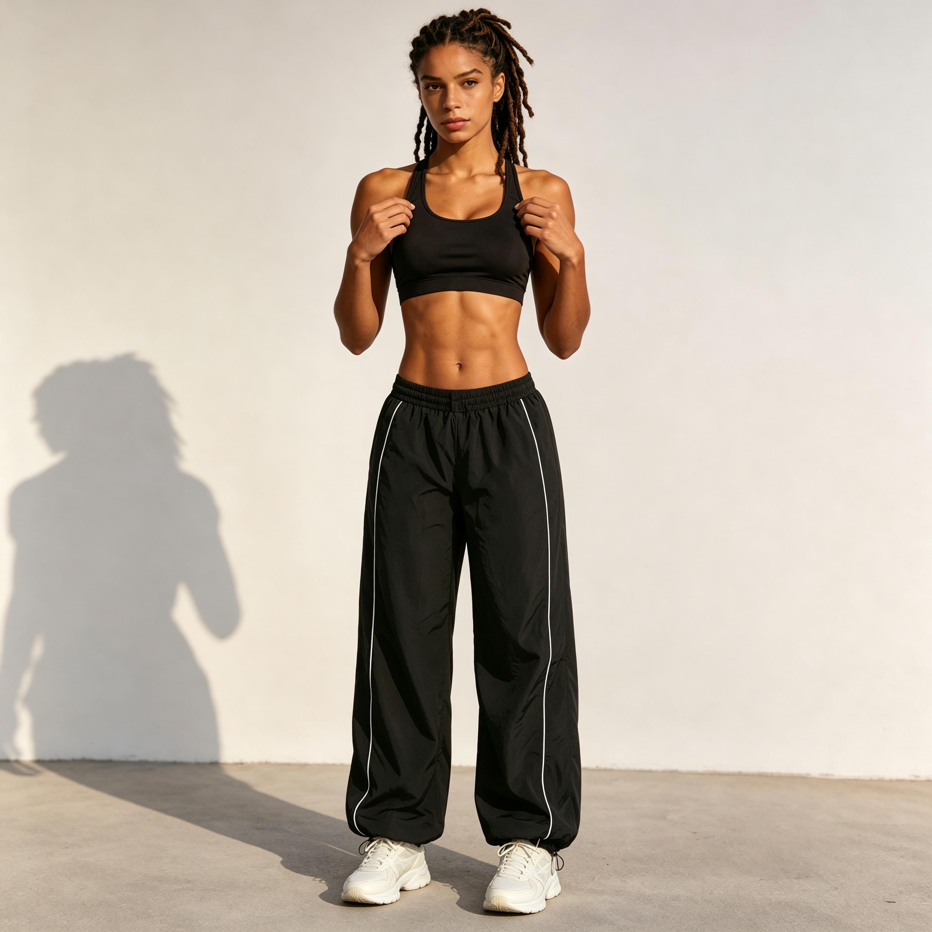 Women’s 2-Pack High-Waisted Parachute Track Pants - Polyester, Side Stripes, Elastic Waist, Drawstring Cuffs, Loose-Fit Windbreaker Joggers, Sporty Chic All-Season Casual Streetwear Athletic Bottoms, Polyester Pants, Casual Wear daily wear pant