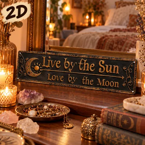 2D Flat Vintage Celestial Aluminum Wall Sign with "Live By The Sun Love By The Moon" Quote - 4x16in 2D Flat Mountable Home Decor Plaque, Kitchen Sign, Aesthetic Room Decorations, Unique Decor Gift for Bohemian Spaces (4 Predrilled Holes)