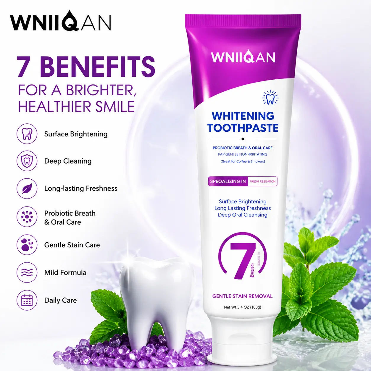 WNIIQAN Whitening Toothpaste, Probiotic Oral Care Toothpaste, Gentle Stain Care, Fresh Breath, Deep Cleaning Formula, Daily Use Toothpaste for Adults
