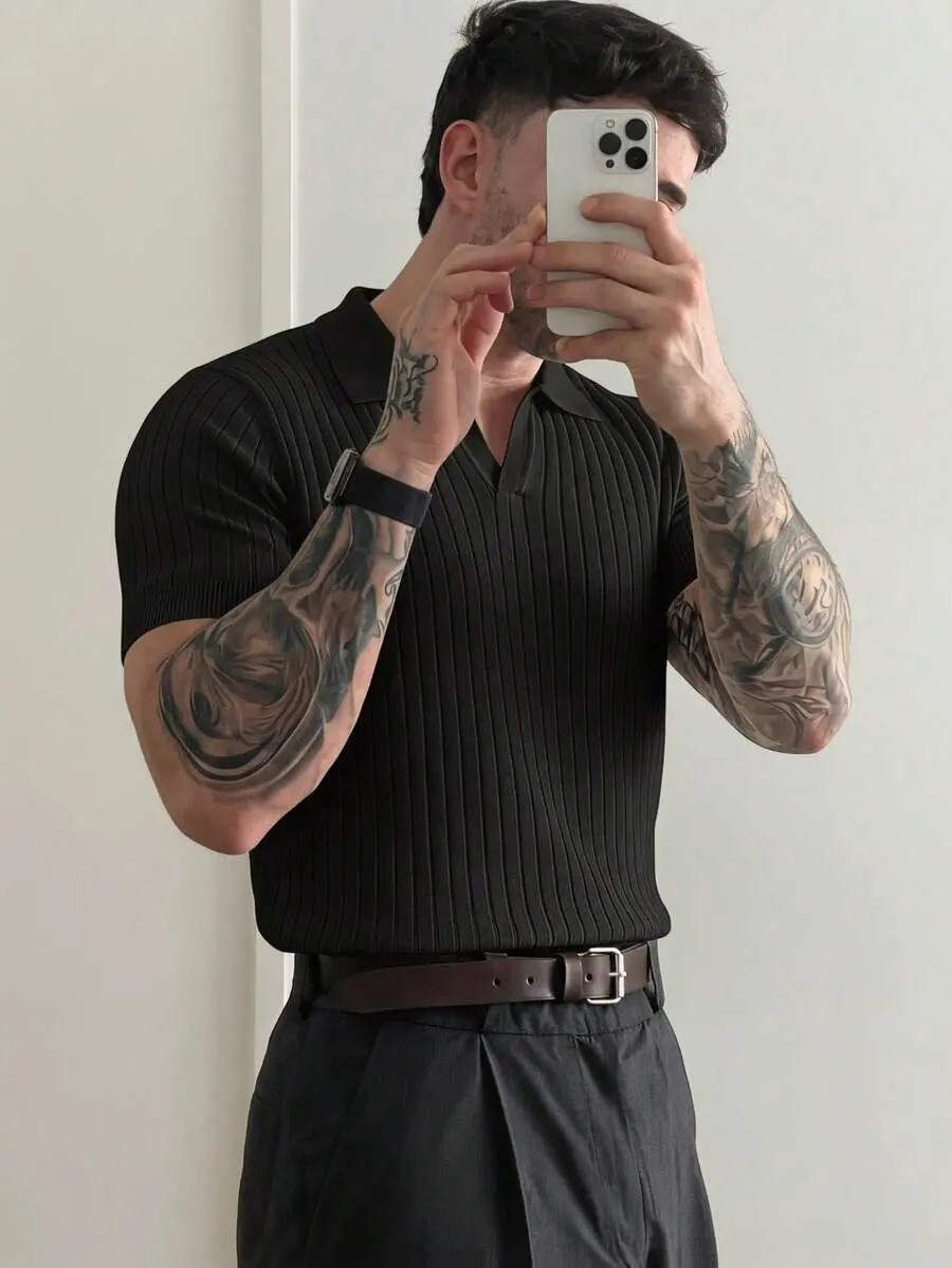Men's Ribbed Airplane Collar Polo Knit Shirt, Short Sleeve, Summer Fashion, Smart Casual