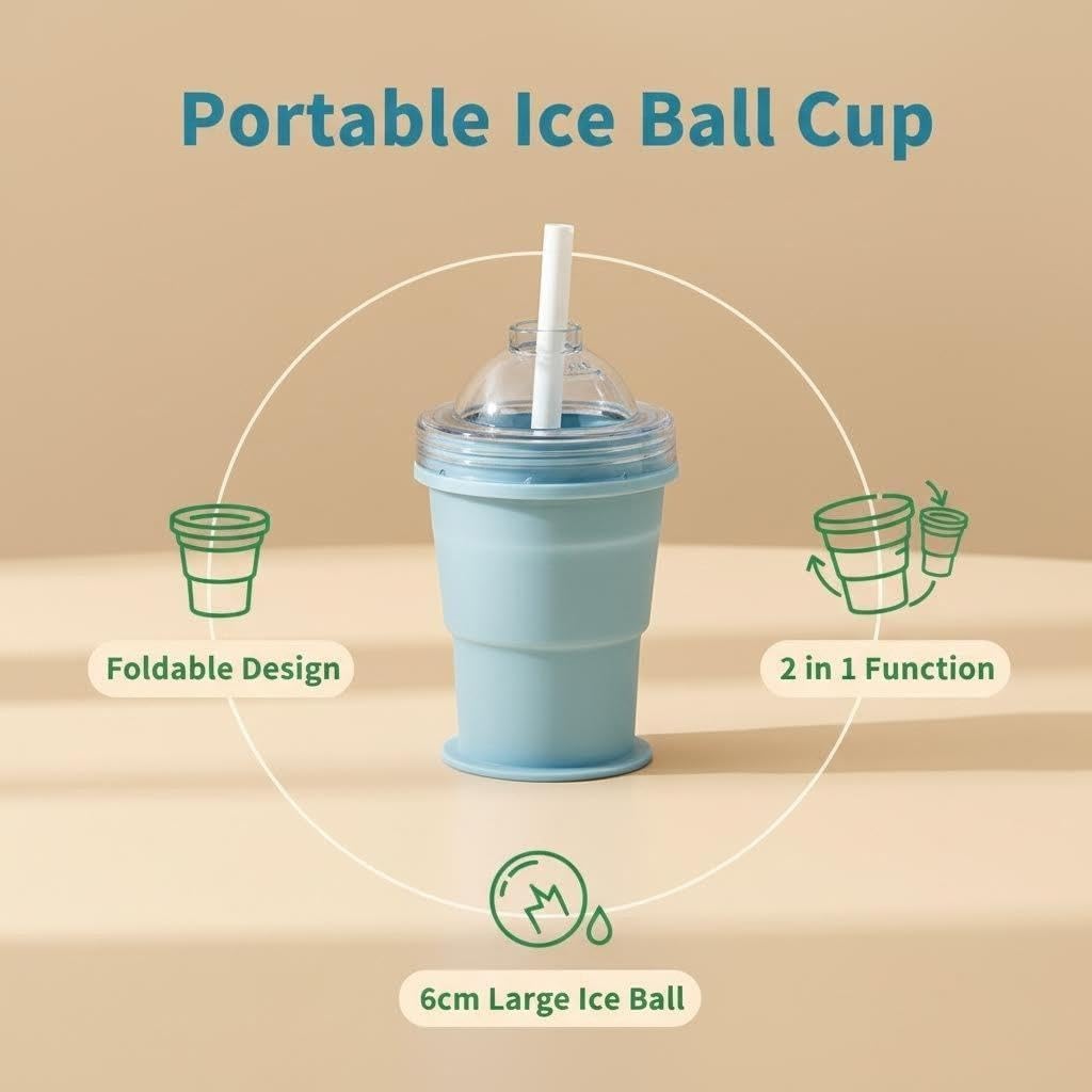 2-in-1 Collapsible Silicone Ice Ball Maker Cup, Reusable Portable Ice Sphere Mold with Straw & Lid, Easy Demolding, Leakproof Travel Tumbler for Coffee, Juice, Home, Gym, Outdoor