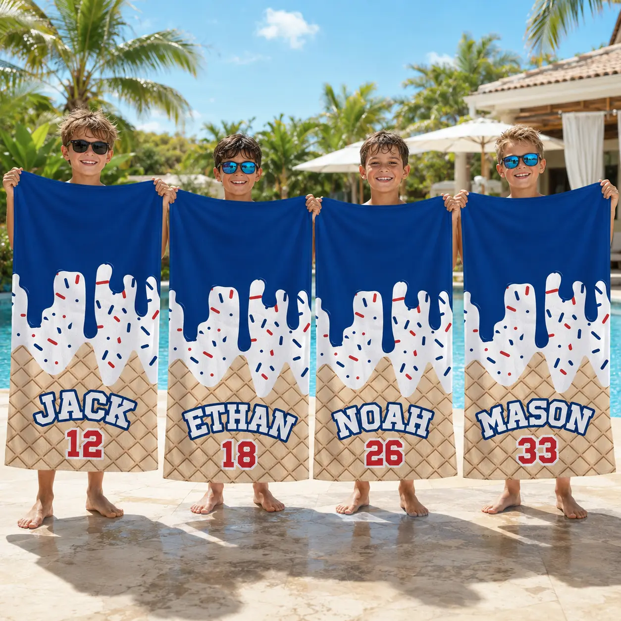 Personalized Baseball Team Beach Towel, Custom Name Pool Towel for Boys Girls, Matching Group Towels, Ice Cream Drip Summer Gift