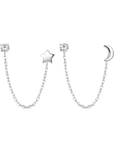 925 Sterling Silver Double Hole Chain Earrings for Women Butterfly Ball Moon Star Bar Stud Earring Double Piercing Minimalist Dangle Tassel Chain Earrings Cartilage Hopp Chain Earrings