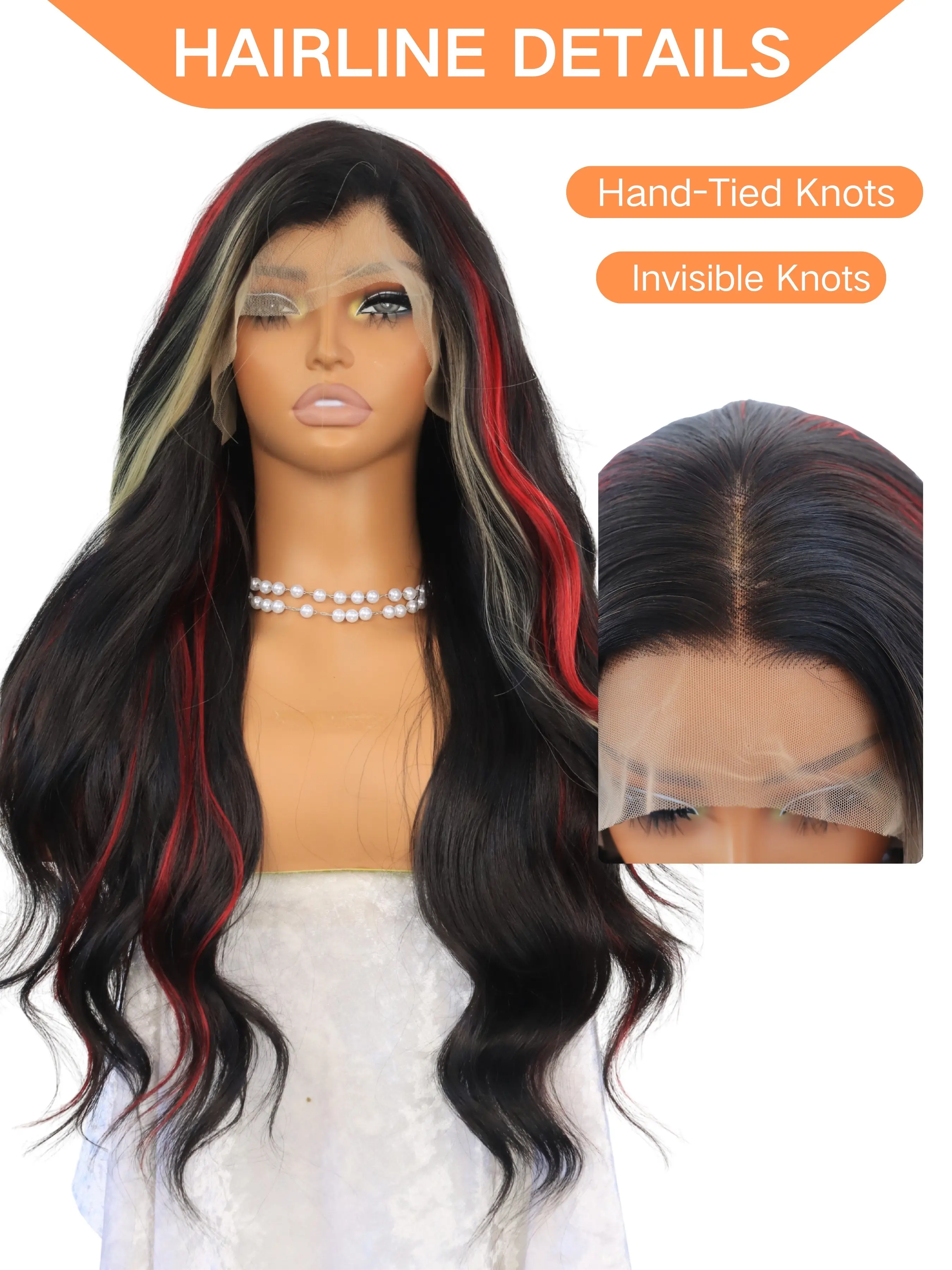 Synthetic Lace Front Wig 13x4 Glueless Pre-Plucked Hairline Wavy KOME Brown Synthetic Lace Front Wig,Brown Highlight 13x4  main image 2