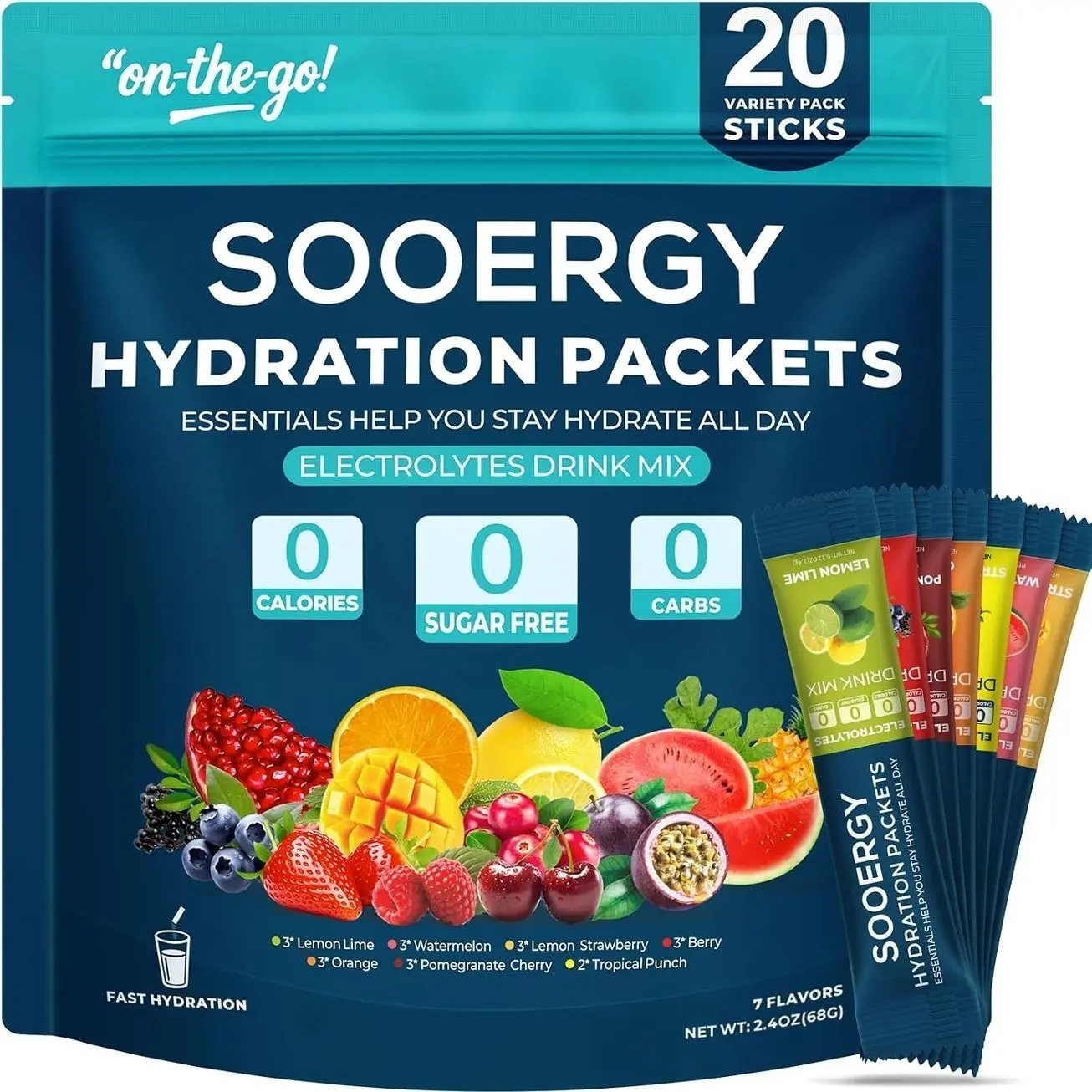 Electrolytes Powder Packets Sugar Free Hydration Packets, 7 Flavors Liquid Daily IV Electrolyte Drink Mixes for Rehydration with Electrolytes, Vitamins, 0 Calorie, 20 Sticks