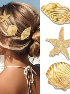 Gold Starfish Hair Clip Set, Mermaid Shell Metal Hair Accessory, Beach Party Crocodile Clips, Wedding Sea Creature Headpiece, Women Girls (3pcs)