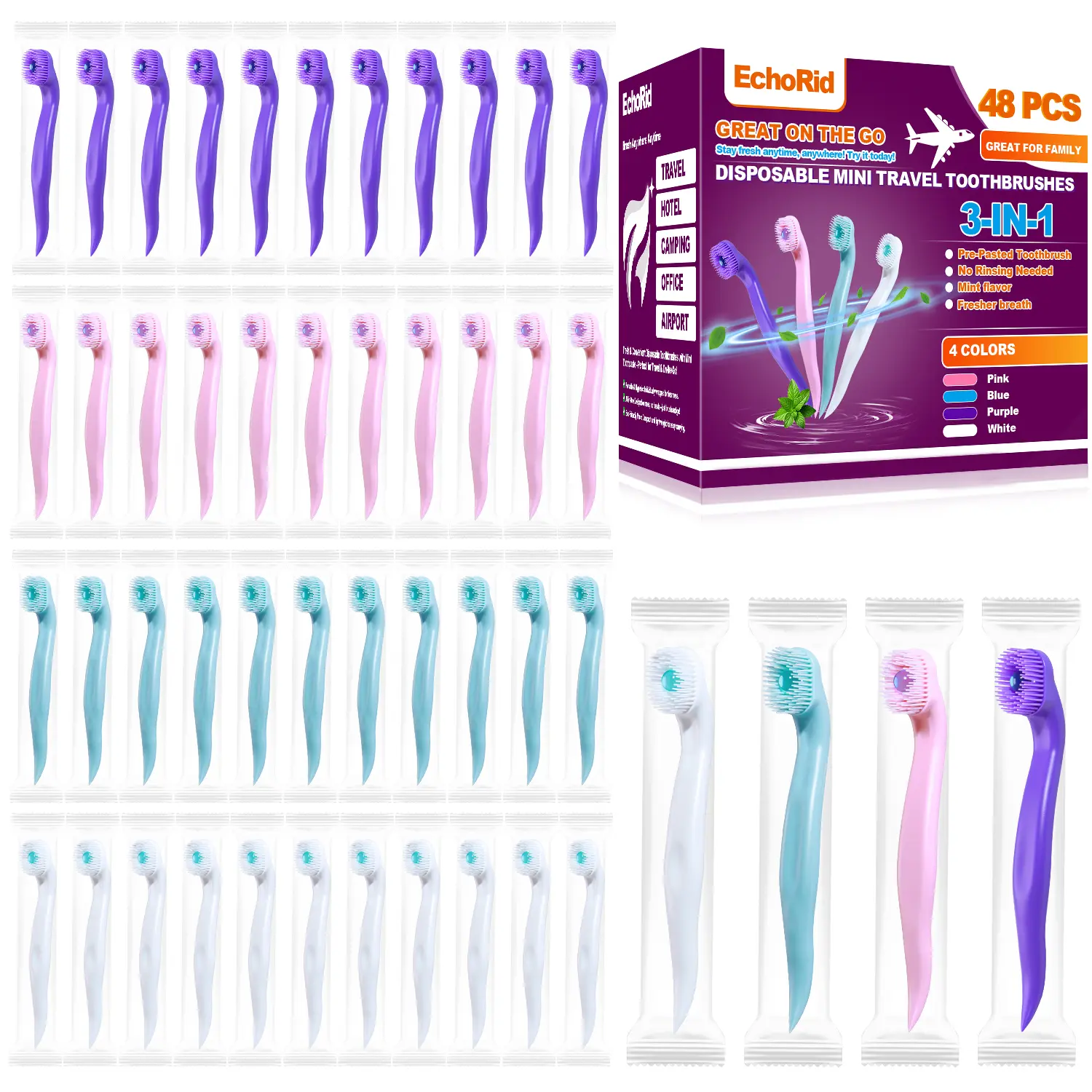 Fresh Breath in 60 Seconds – 48 Count Individually Wrapped Disposable Toothbrushes, No Water Needed, Portable Oral Care for Office, Travel, Car, Meetings & Date Nights