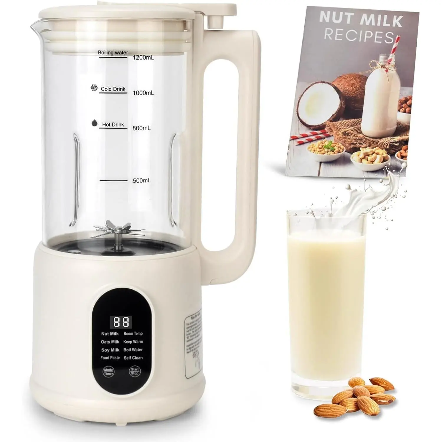 8-in-1 Automatic Nut Milk Maker, 40oz Soybean Milk Machine with 12H Timer, Auto Clean, Boil Func., Keep Warm, 1-Touch Op., Low-Noise Operation for Plant-Based Non-Dairy Beverages