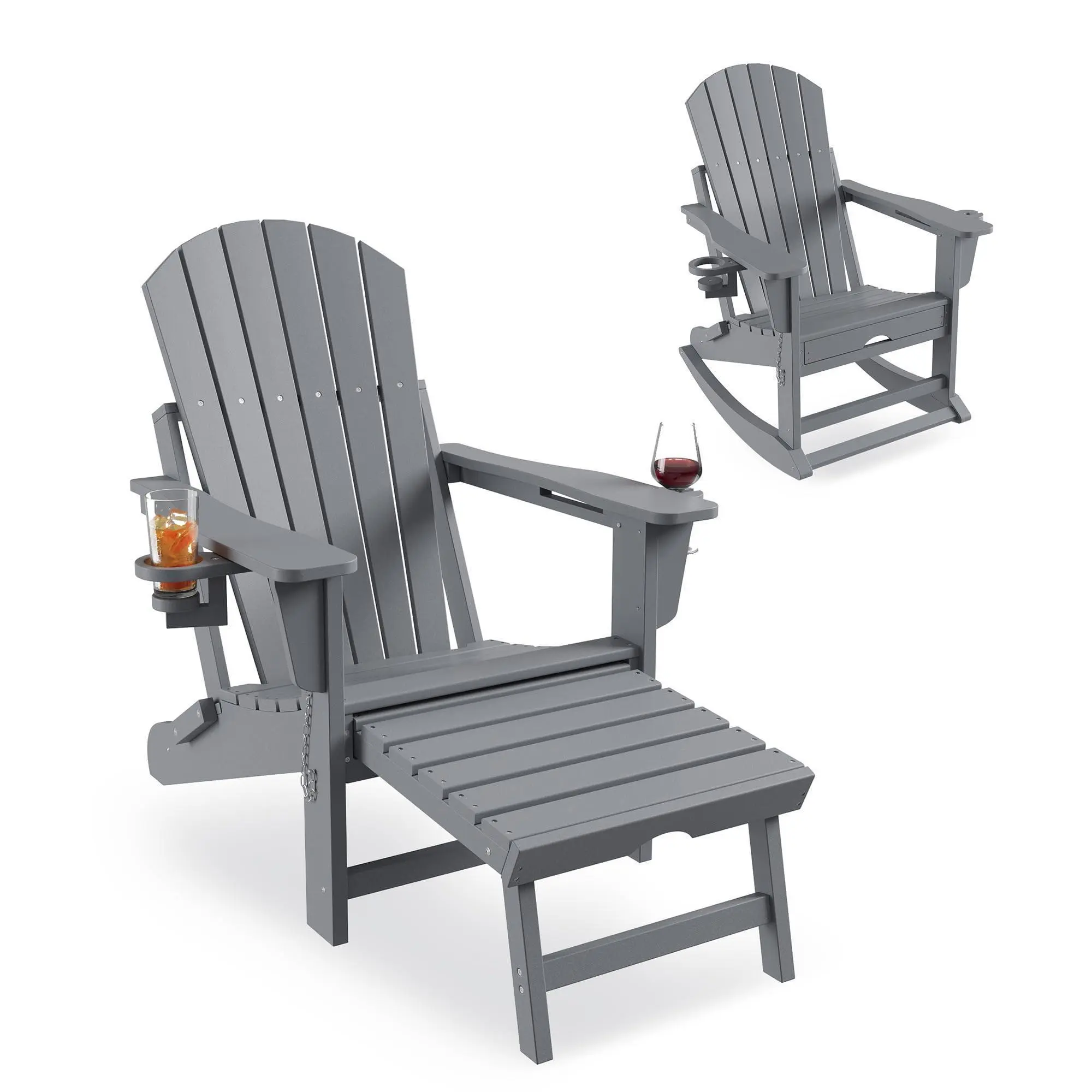 Gaomon 4-in-1 Design Adirondack Rocking Chair - Sturdy Weather-Resistant Foldable Plastic High-Back Commercial Outdoor Furniture with Retractable Footrest, Ottoman, Cup Holder, Wide Armrest, Casual Relaxation Support for 380lbs Max Garden Use