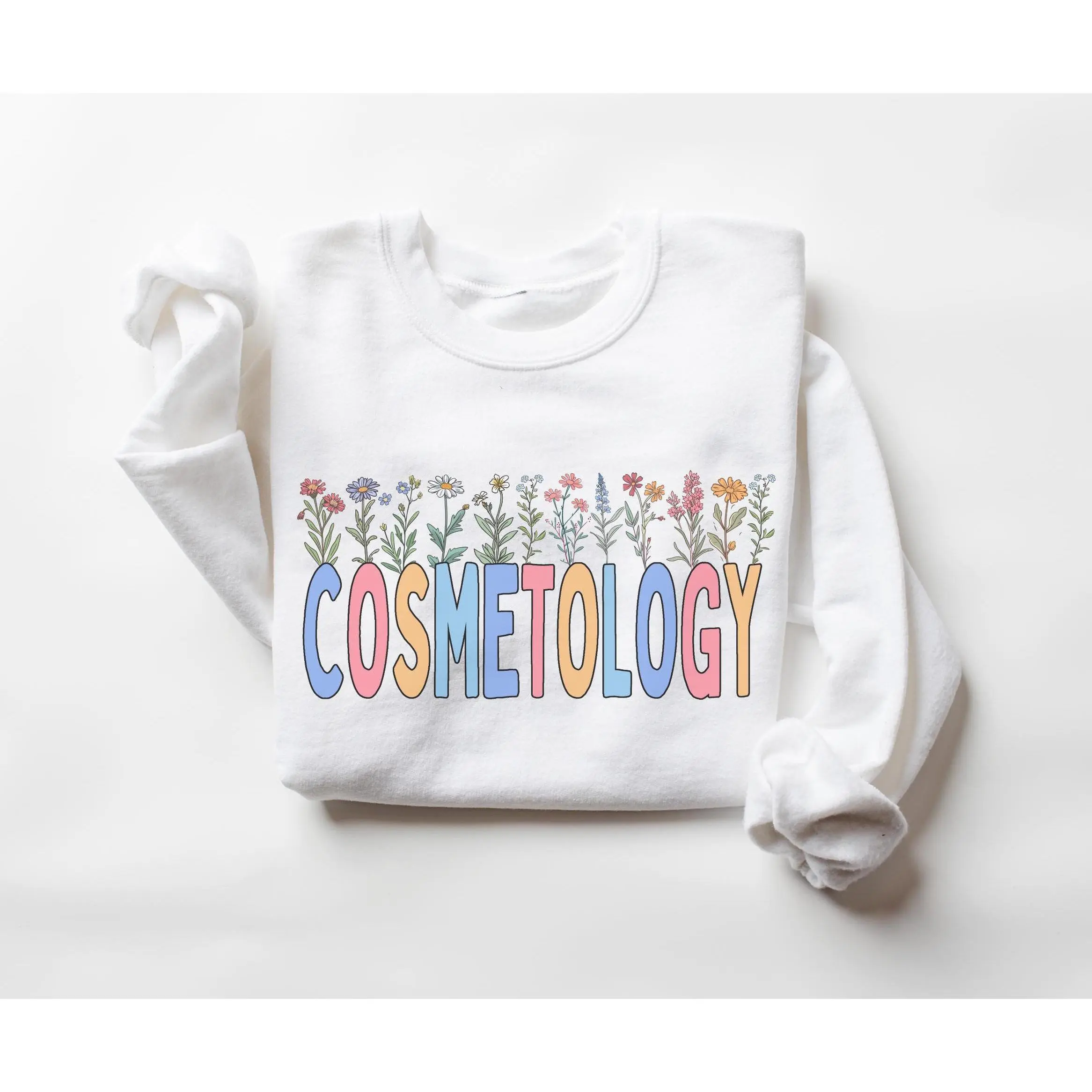Cosmetology Wildflower T-Shirt Or Sweatshirt • Cosmetologist shirt• Hair Stylist Flower Sweater • Nail Tech Gift •  Beauty School  Gift Cotton Fabric