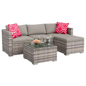 5-Piece PE Rattan Sectional Set – Outdoor Wicker Sofa with Thick Cushions, Ottoman & Glass Table – All-Weather Modular for Garden, Porch, Balcony
