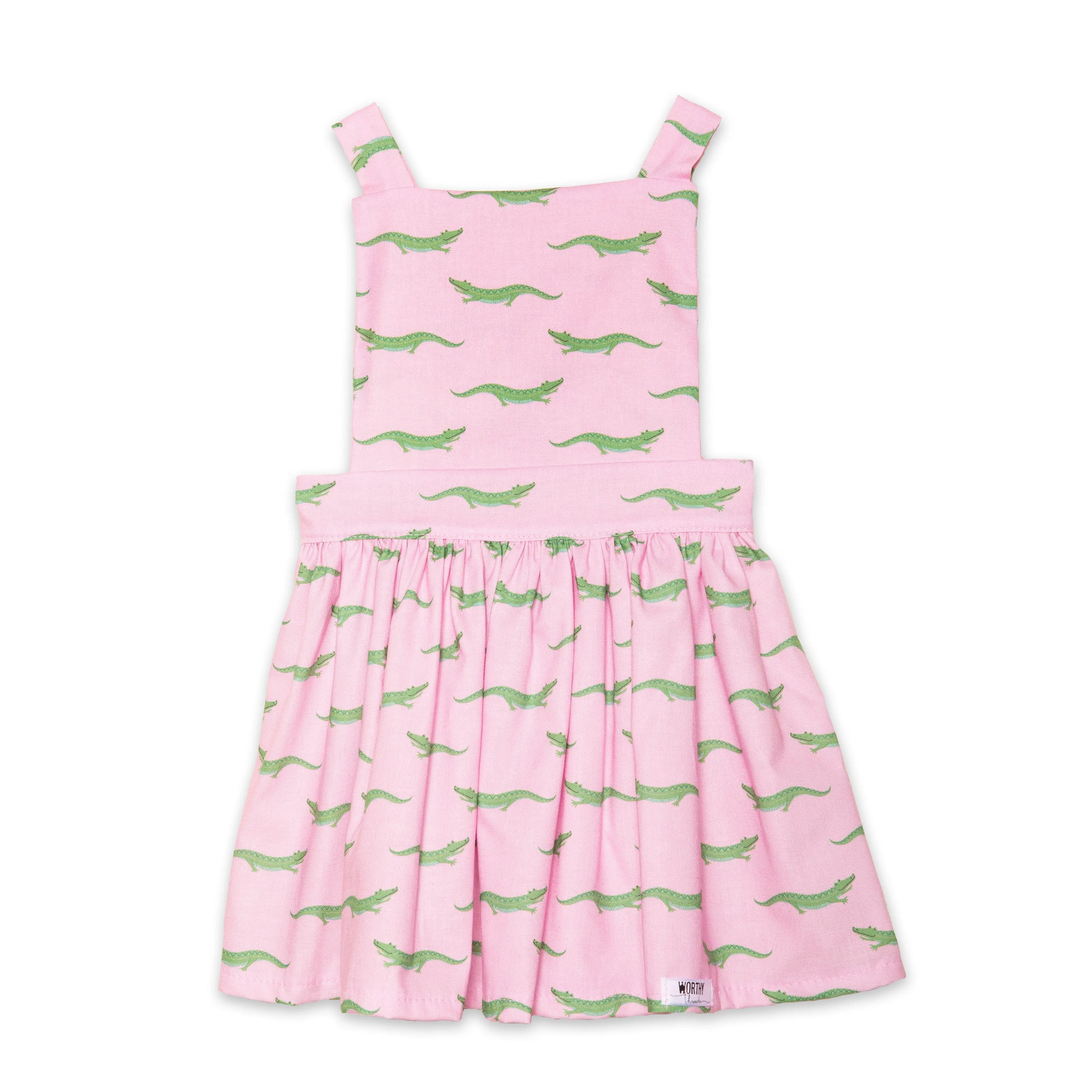 Worthy Threads cotton pinafore in pink with green crocodiles for babies to little kids